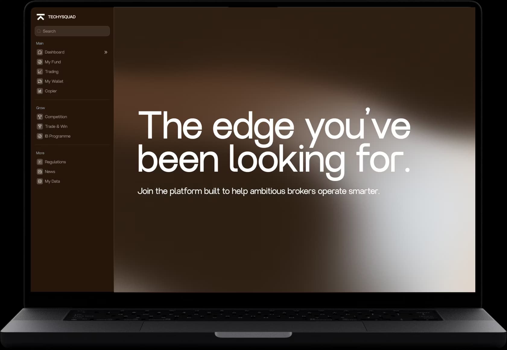 Techysquad CRM dashboard on a MacBook with the headline The edge you've been looking for.